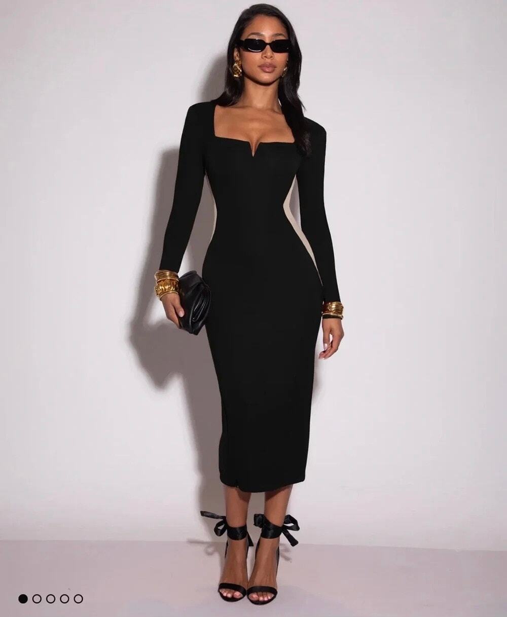 TA3 Notchy Long Sleeve Contour Midi Dress L Black Oat NWT Shapewear Corset